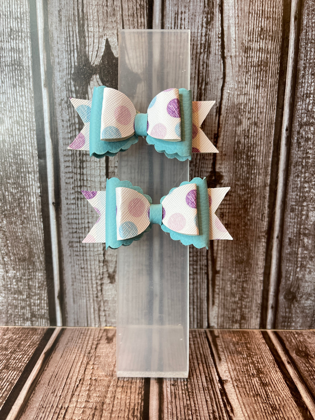 Blue and purple poke a dot scallop faux leather hair bow