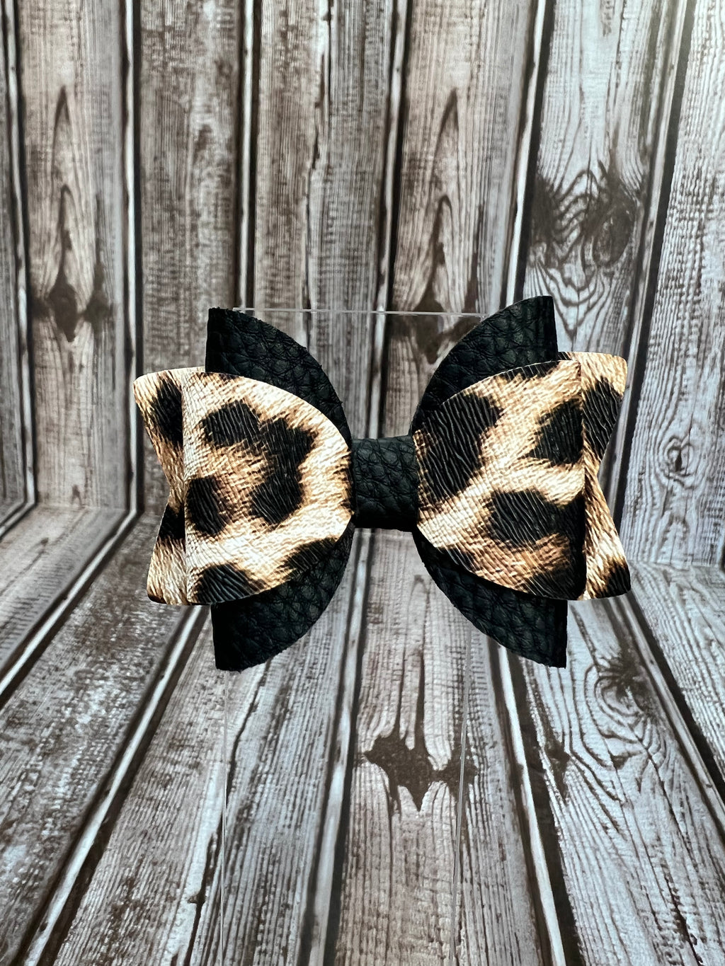 3 inch layered leopard/black faux leather hair bow