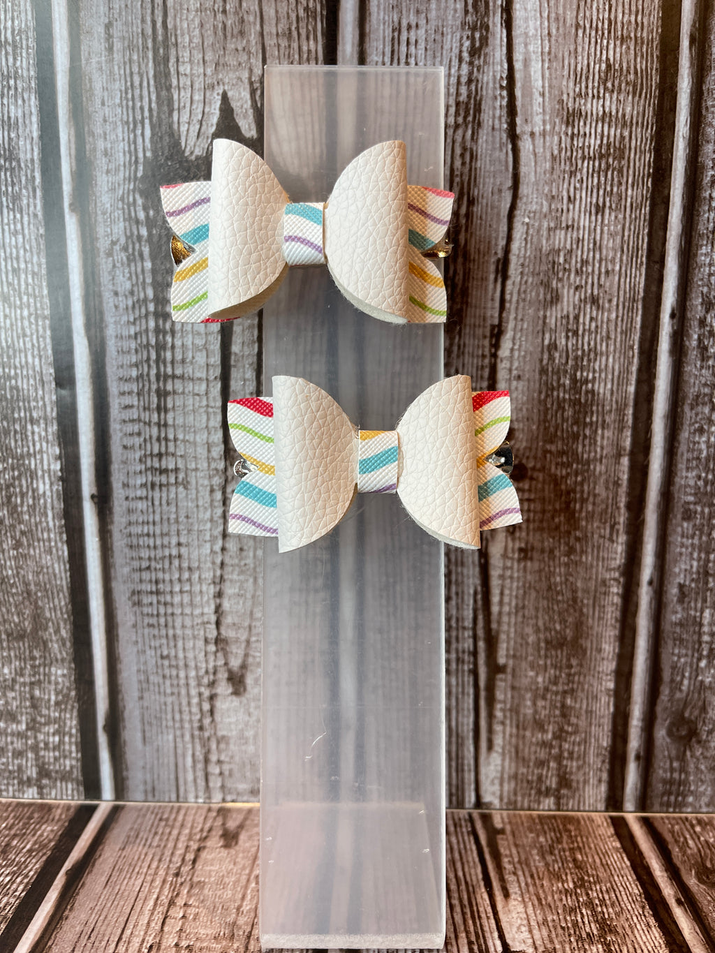 White with color stripes faux leather hair bows
