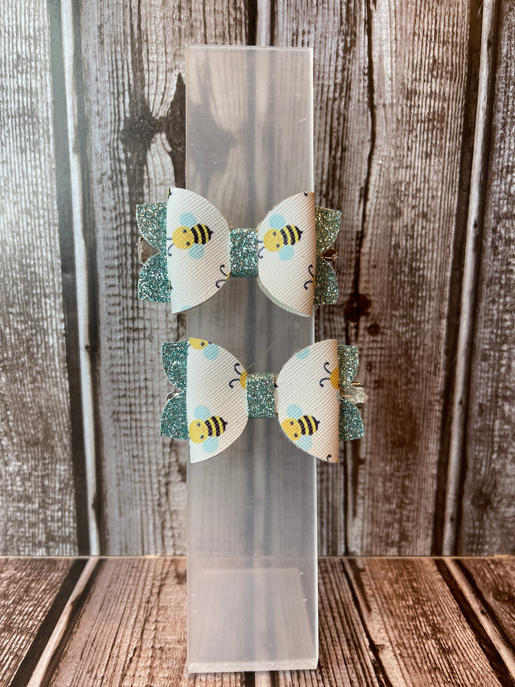 Bee hair bow with teal glitter faux leather hair bows