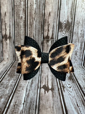 3 inch layered leopard/black faux leather hair bow