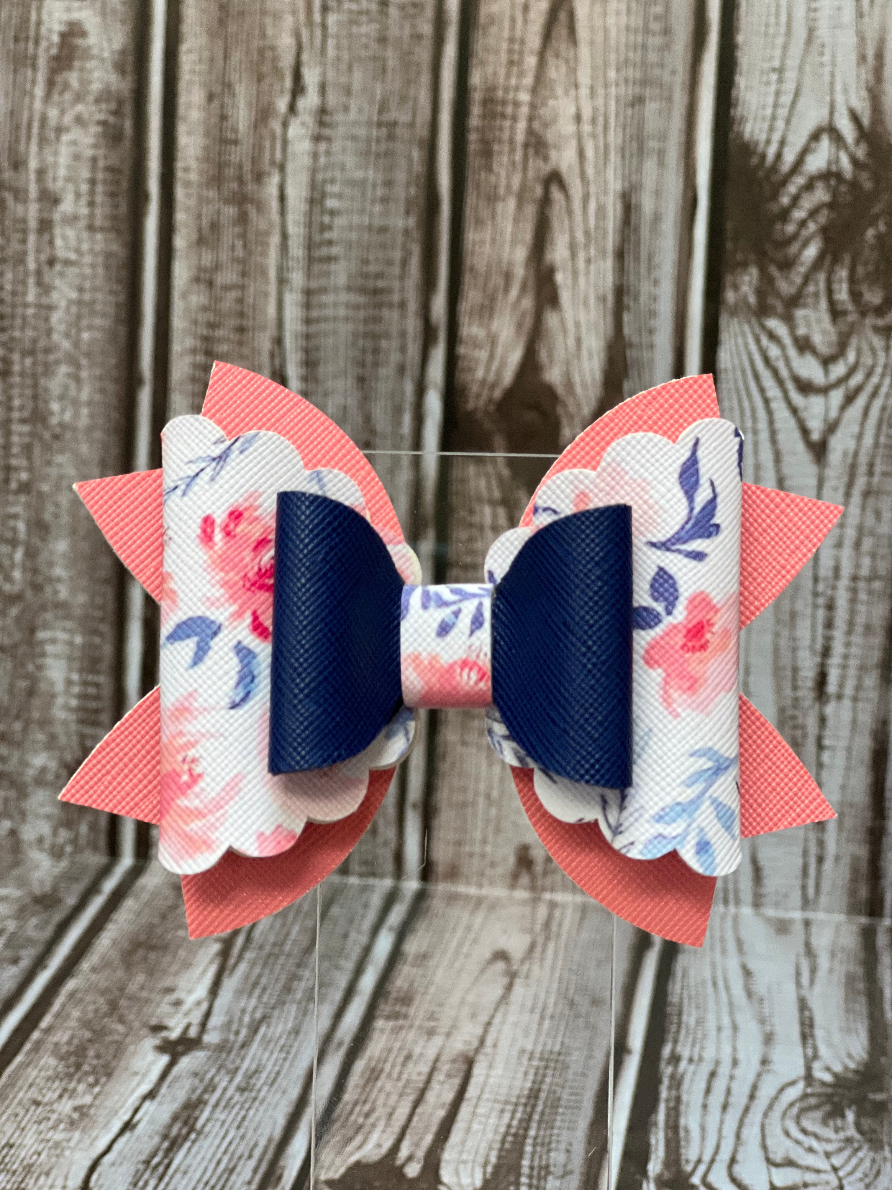 4 inch Layered pink/pink & blue floral/blue faux leather bow