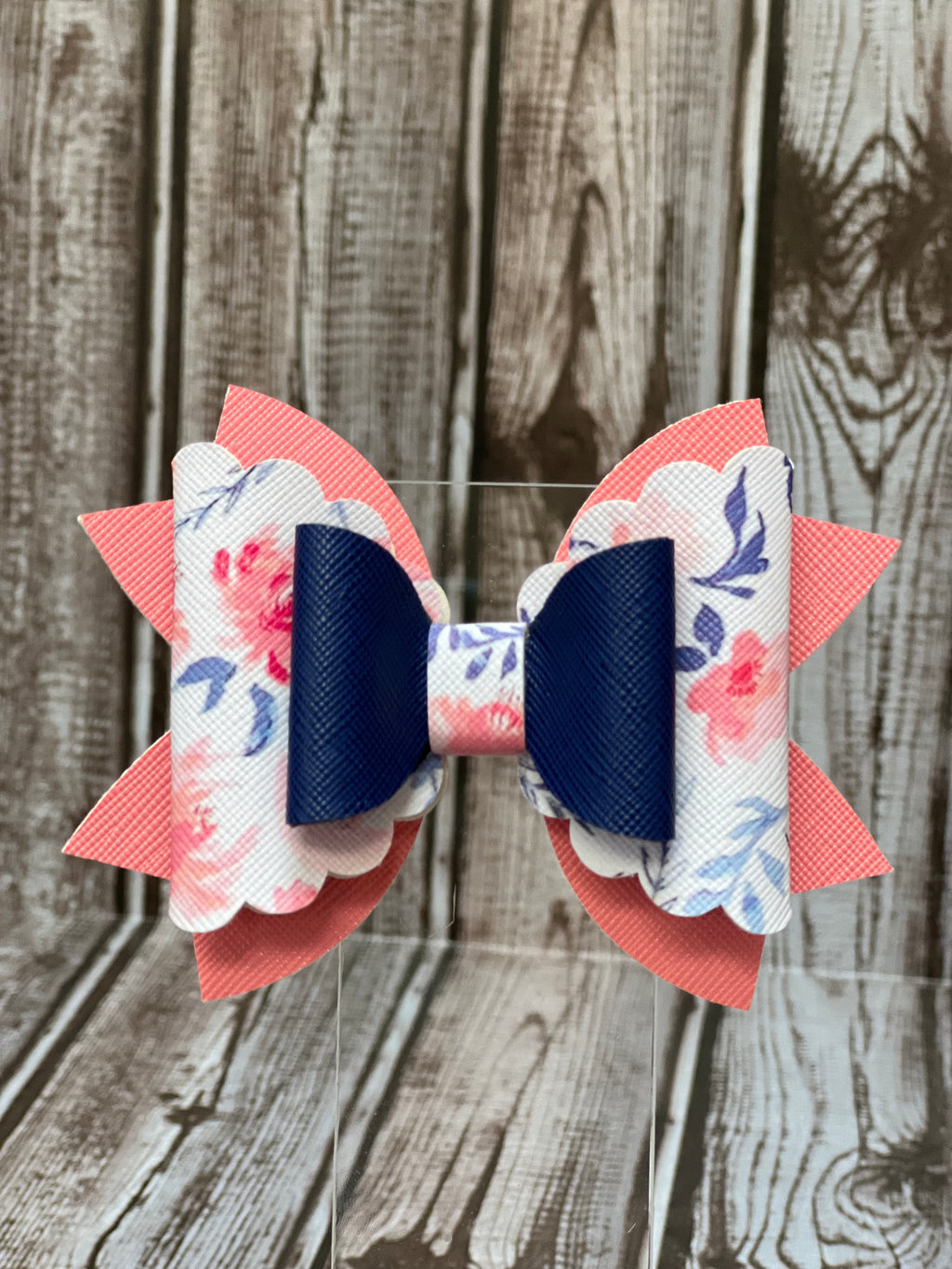 4 inch Layered pink/pink & blue floral/blue faux leather bow