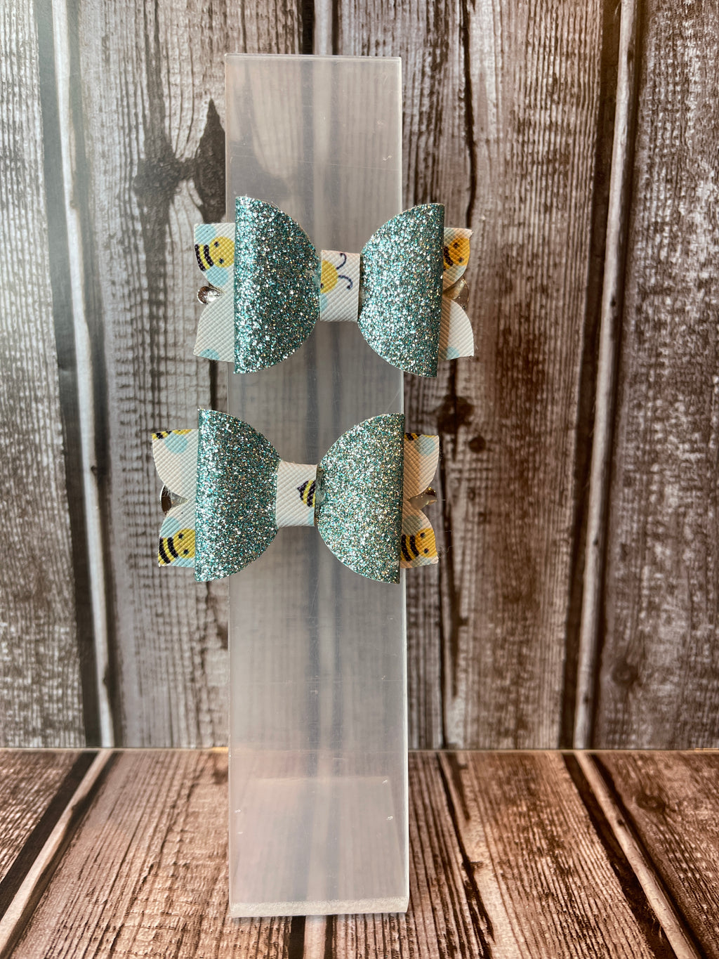 Teal glitter hair bows with bees faux leather hair bows