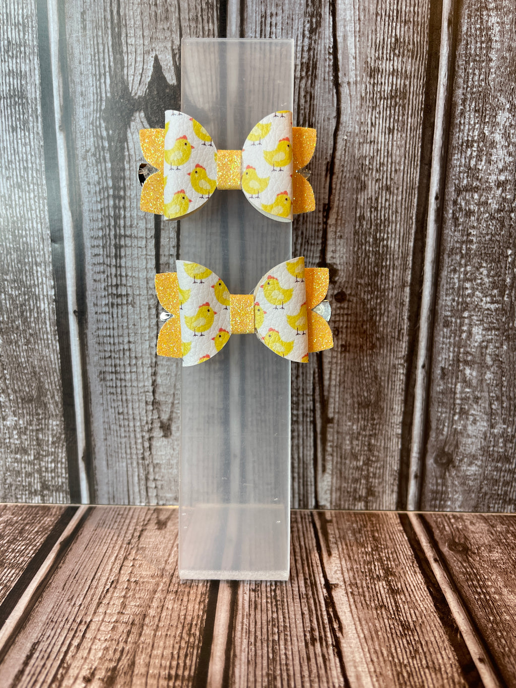 Baby chicks with yellow glitter faux leather hair bows