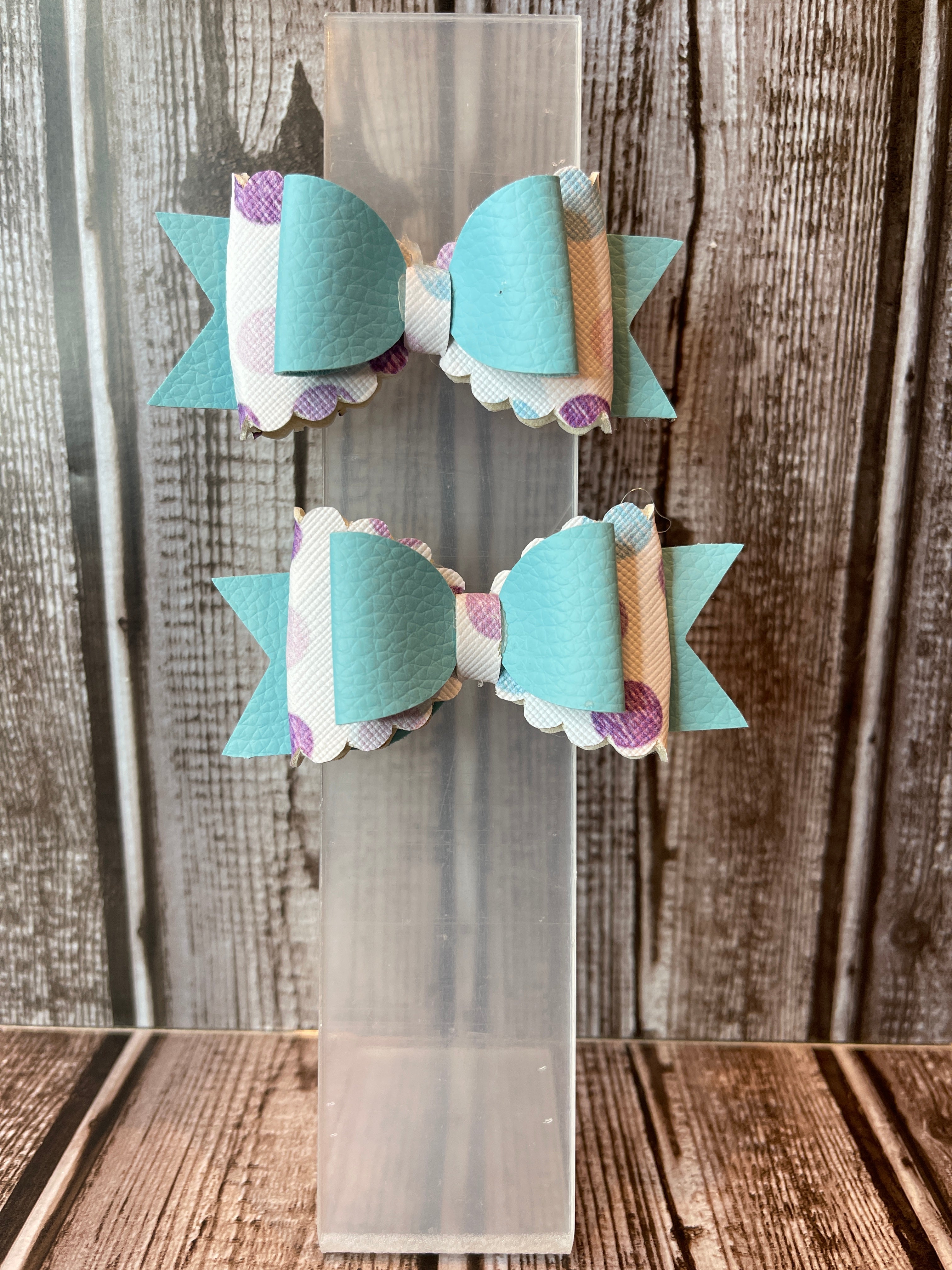 Blue and purple poke a dot faux leather hair bows
