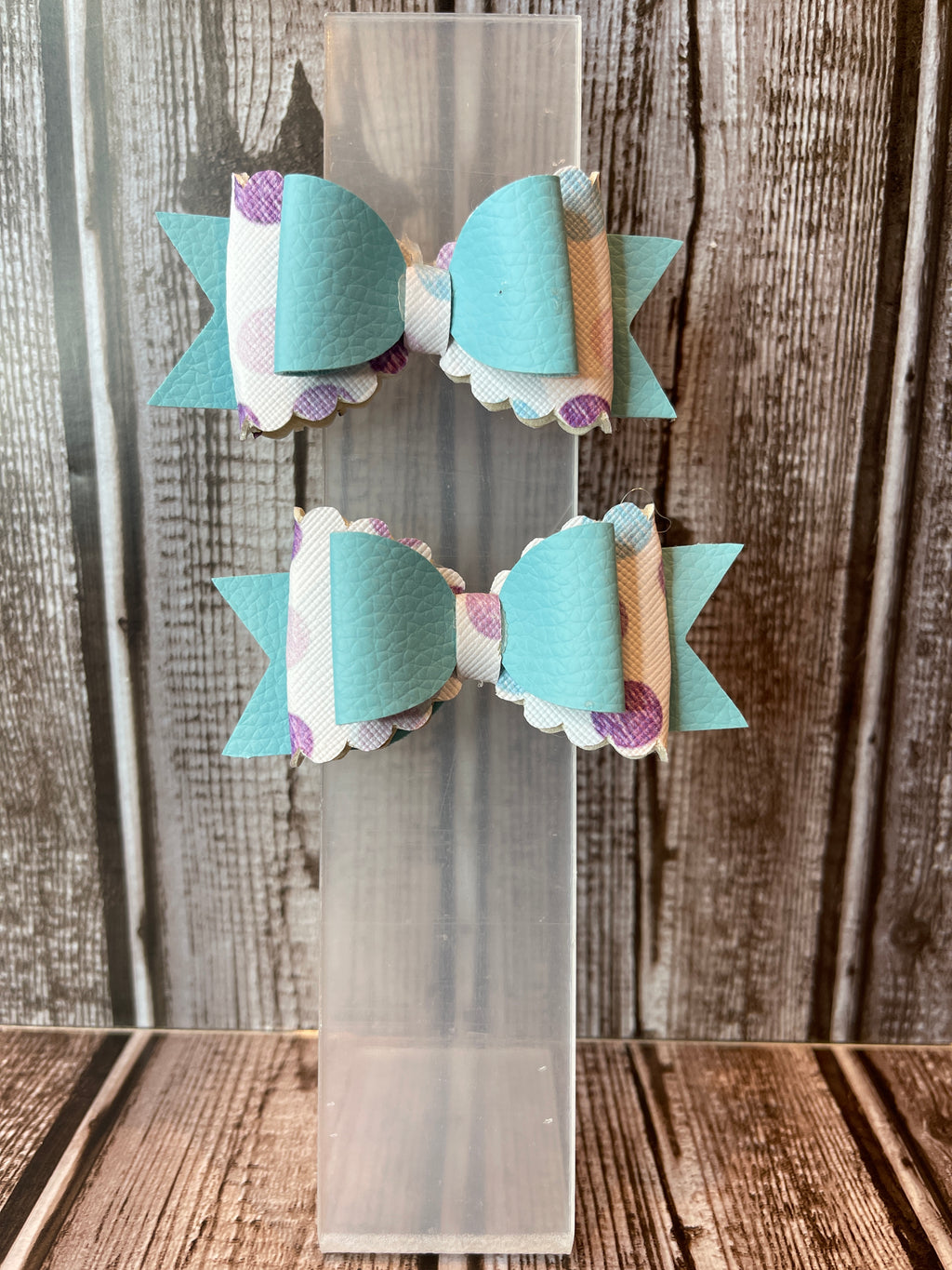 Blue and purple poke a dot faux leather hair bows