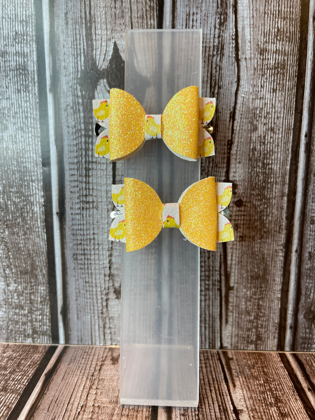 Yellow glitter with baby chicks faux leather hair bows