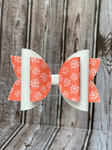 4inch orange with white flowers/white faux leather bow