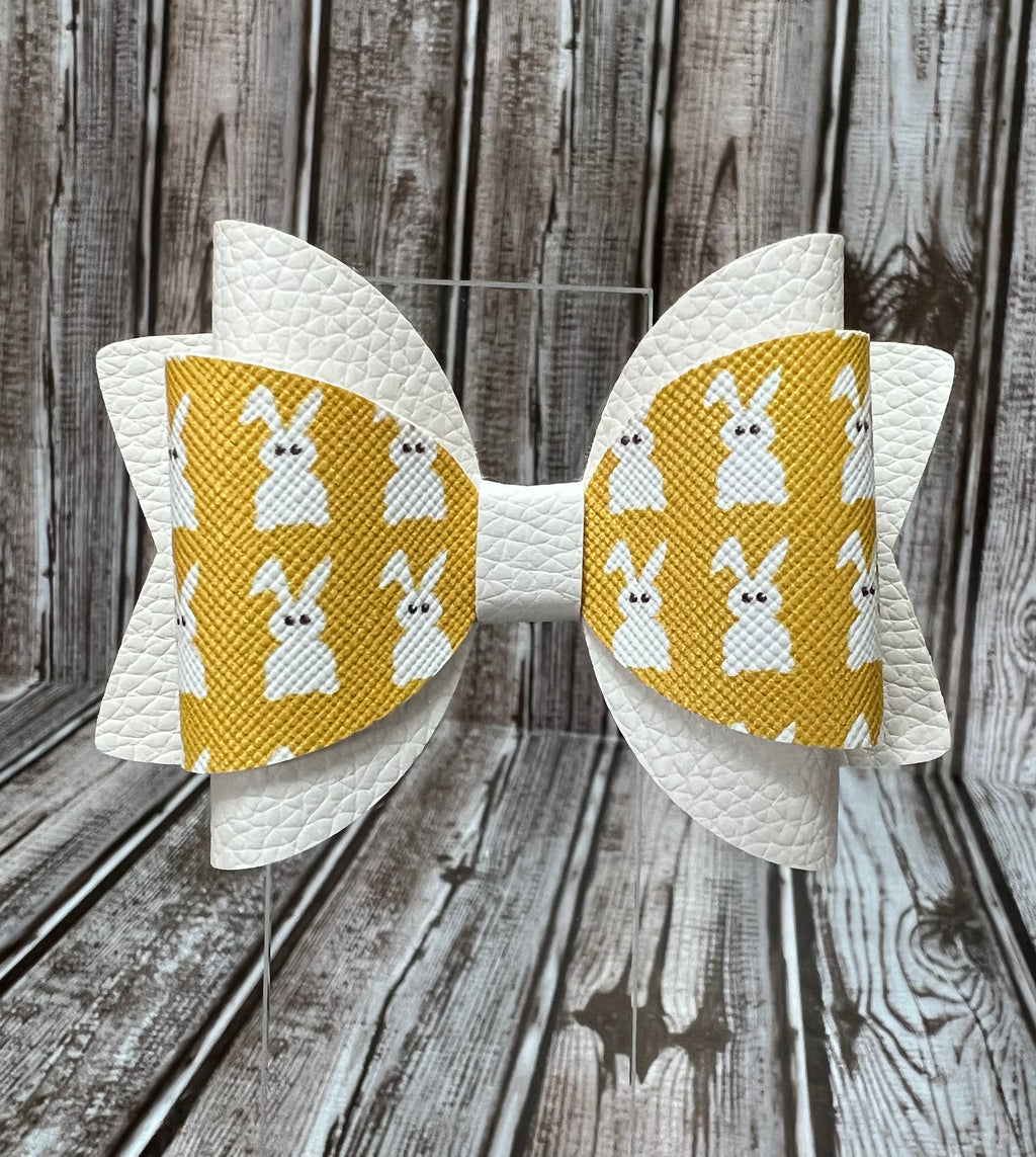 3 1/2 inch layered white/mustard yellow & white bunnies faux leather bow